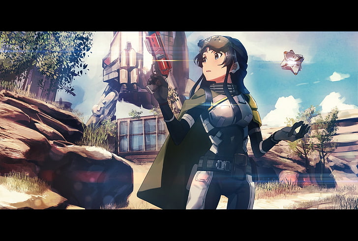 woman holding laser gun illustartion, anime, weapon, anime girls, HD wallpaper